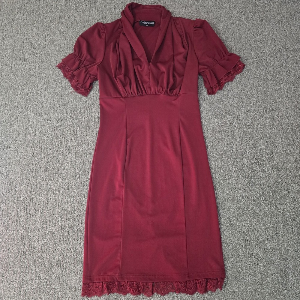 Scarlet Darkness Gothic Lace Trim Midi Dress‎ Red Puff Sleeve Whimsigoth M